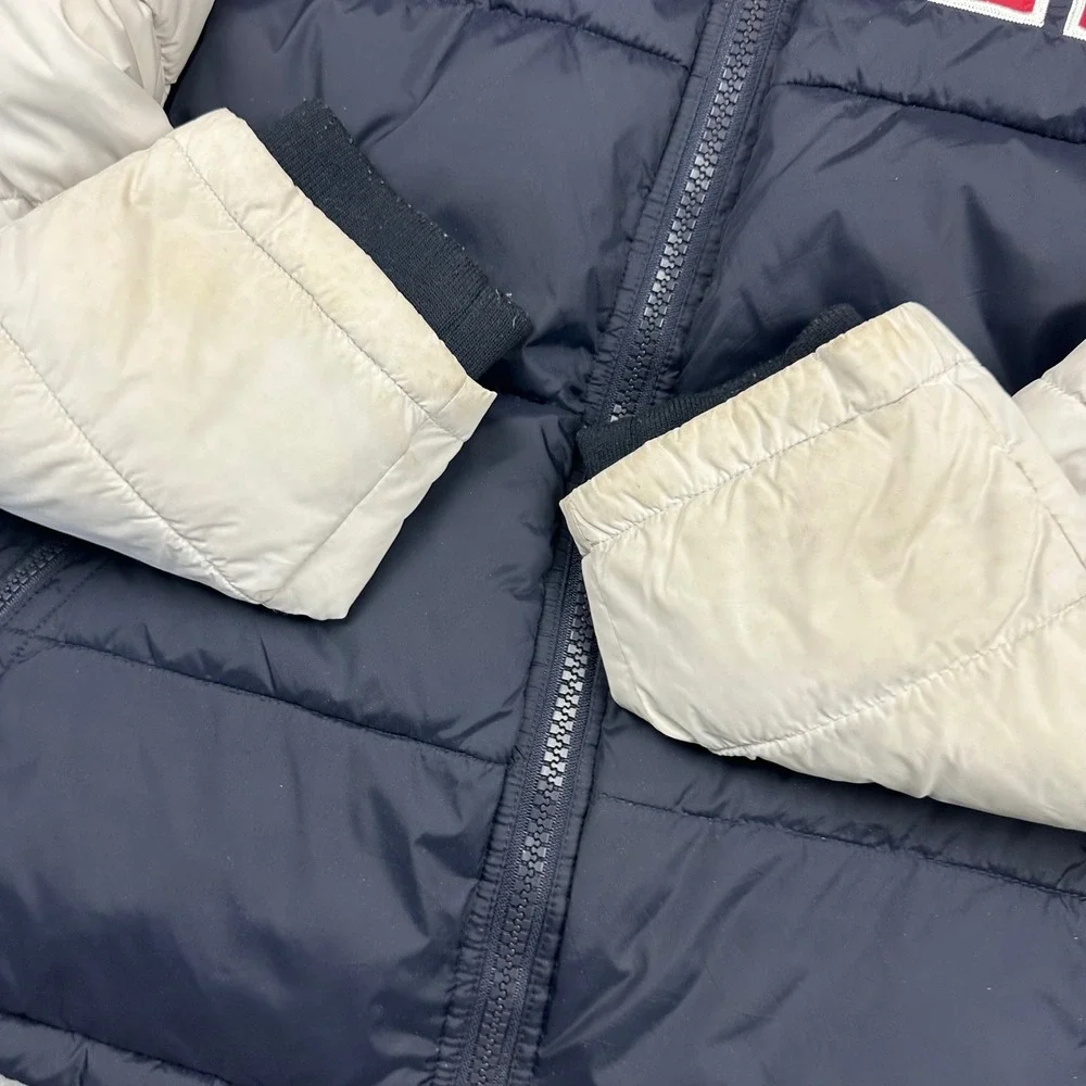Tommy Hilfiger Mens XL Puffer Jacket Varsity Colorblock Navy White Red Hooded